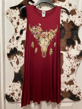 Western Boho Burgundy Floral Bull Skull Tank Dress